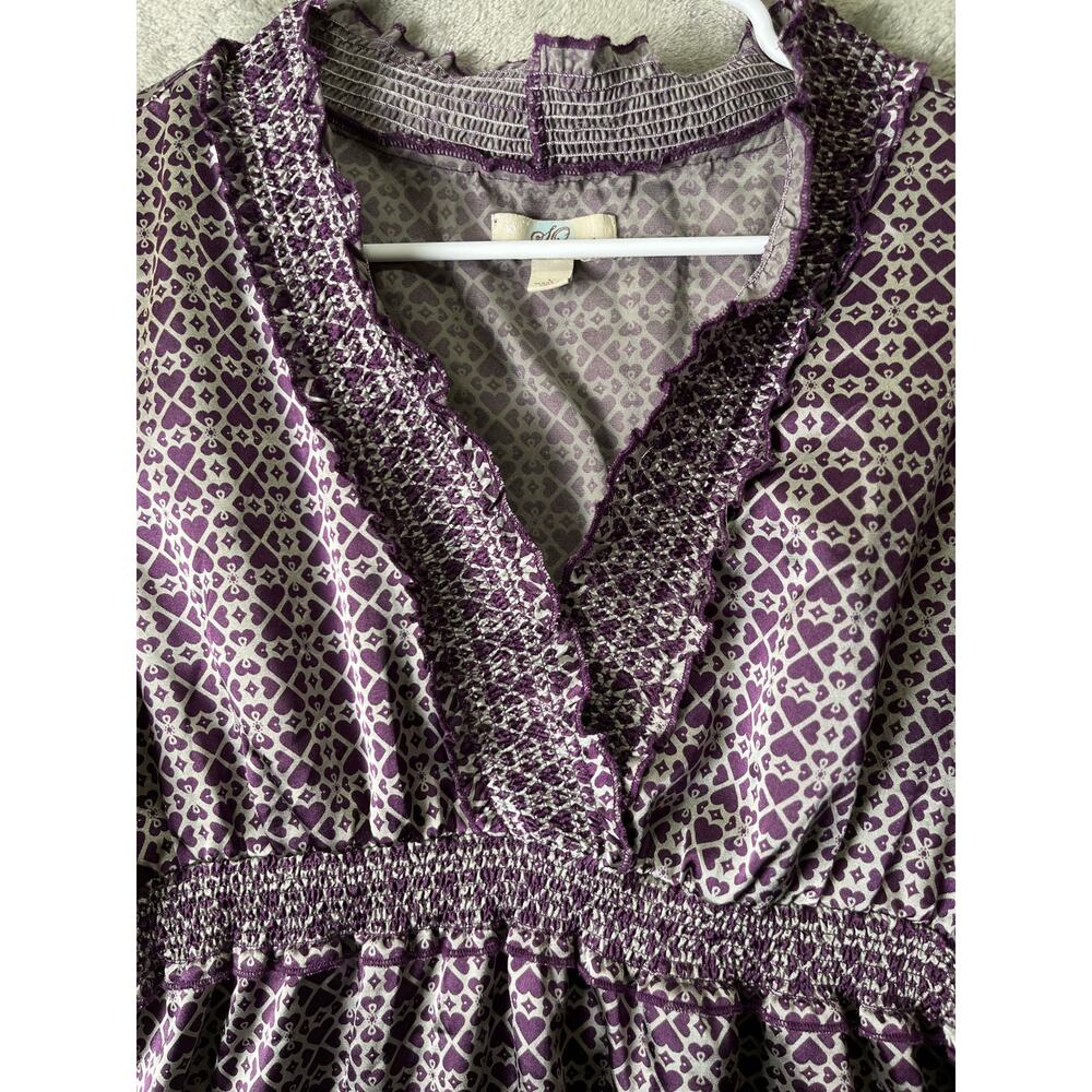 Vintage Y2K Purple Geometric Print Babydoll Top Smocked Waist Ruffle Trim Boho L - Picture 3 of 8